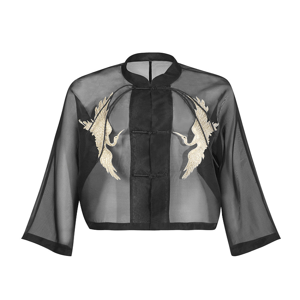 Original design New Chinese style black silk organza crane embroidery stand collar buckle Tang style short jacket image 10
