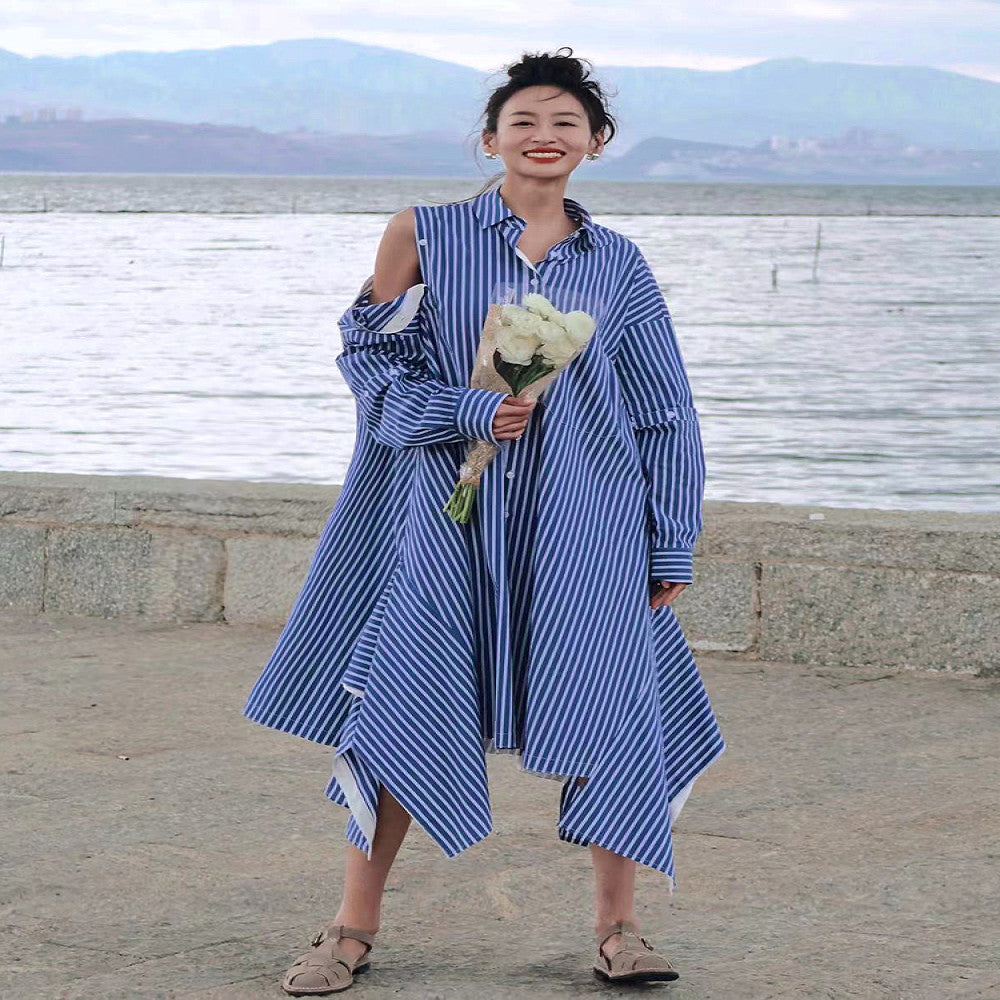 Personalized trendy brand design with asymmetrical blue and white vertical stripes loose long sleeved dress detachable short sleeved shirt skirt image 2