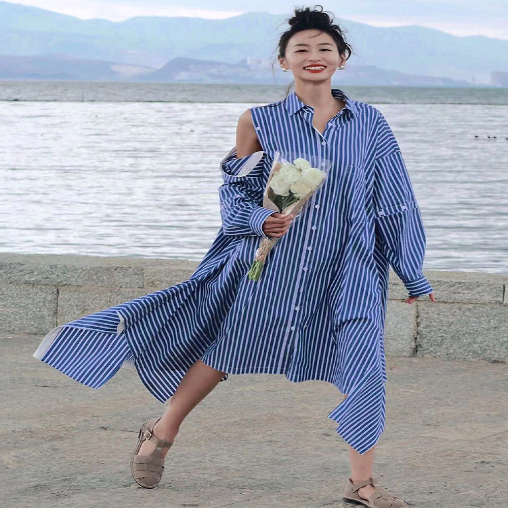 Personalized trendy brand design with asymmetrical blue and white vertical stripes loose long sleeved dress detachable short sleeved shirt skirt image 3