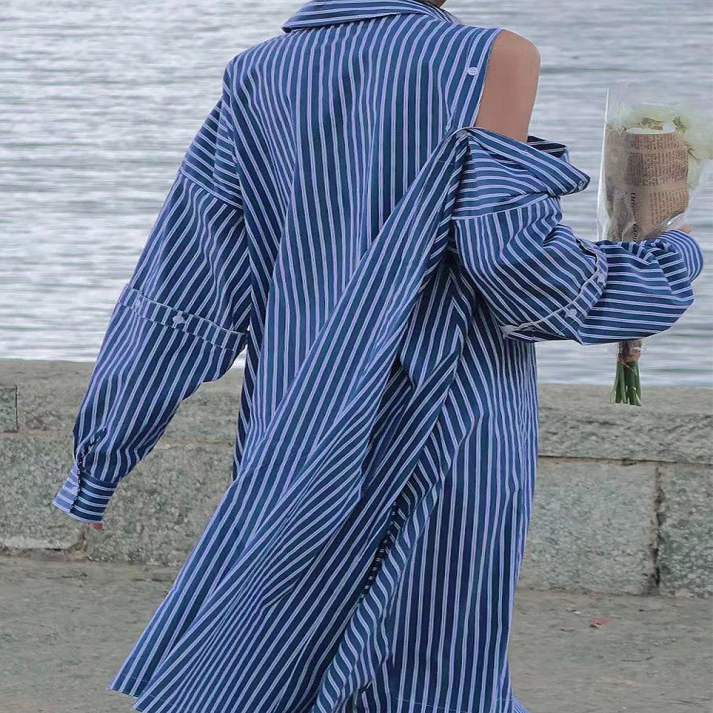 Personalized trendy brand design with asymmetrical blue and white vertical stripes loose long sleeved dress detachable short sleeved shirt skirt image 4