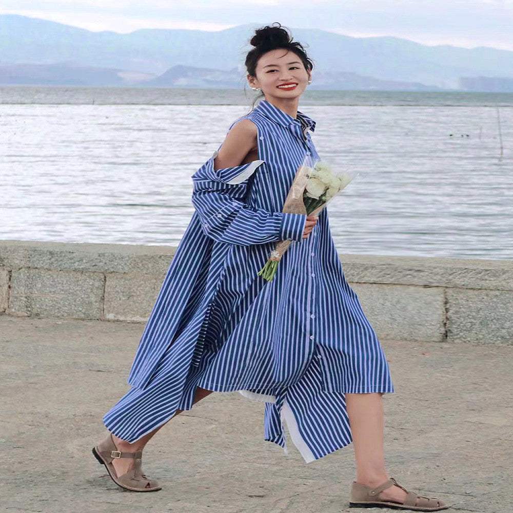 Personalized trendy brand design with asymmetrical blue and white vertical stripes loose long sleeved dress detachable short sleeved shirt skirt image 0