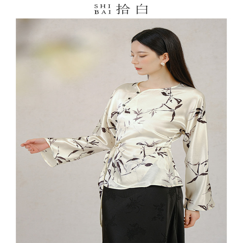 SHIBAI Shibai new Chinese style tops new spring and autumn original Chinese style acetate print bamboo leaves silky drape image 2