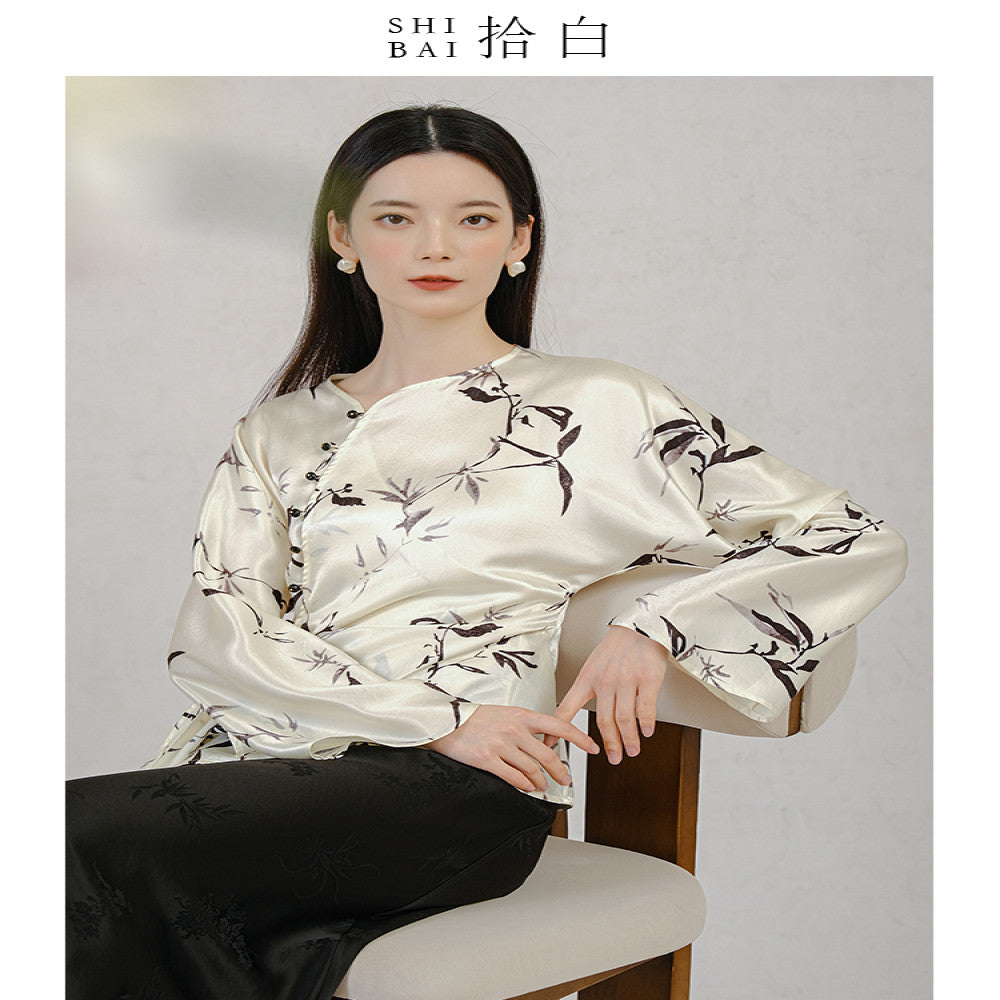 SHIBAI Shibai new Chinese style tops new spring and autumn original Chinese style acetate print bamboo leaves silky drape image 3
