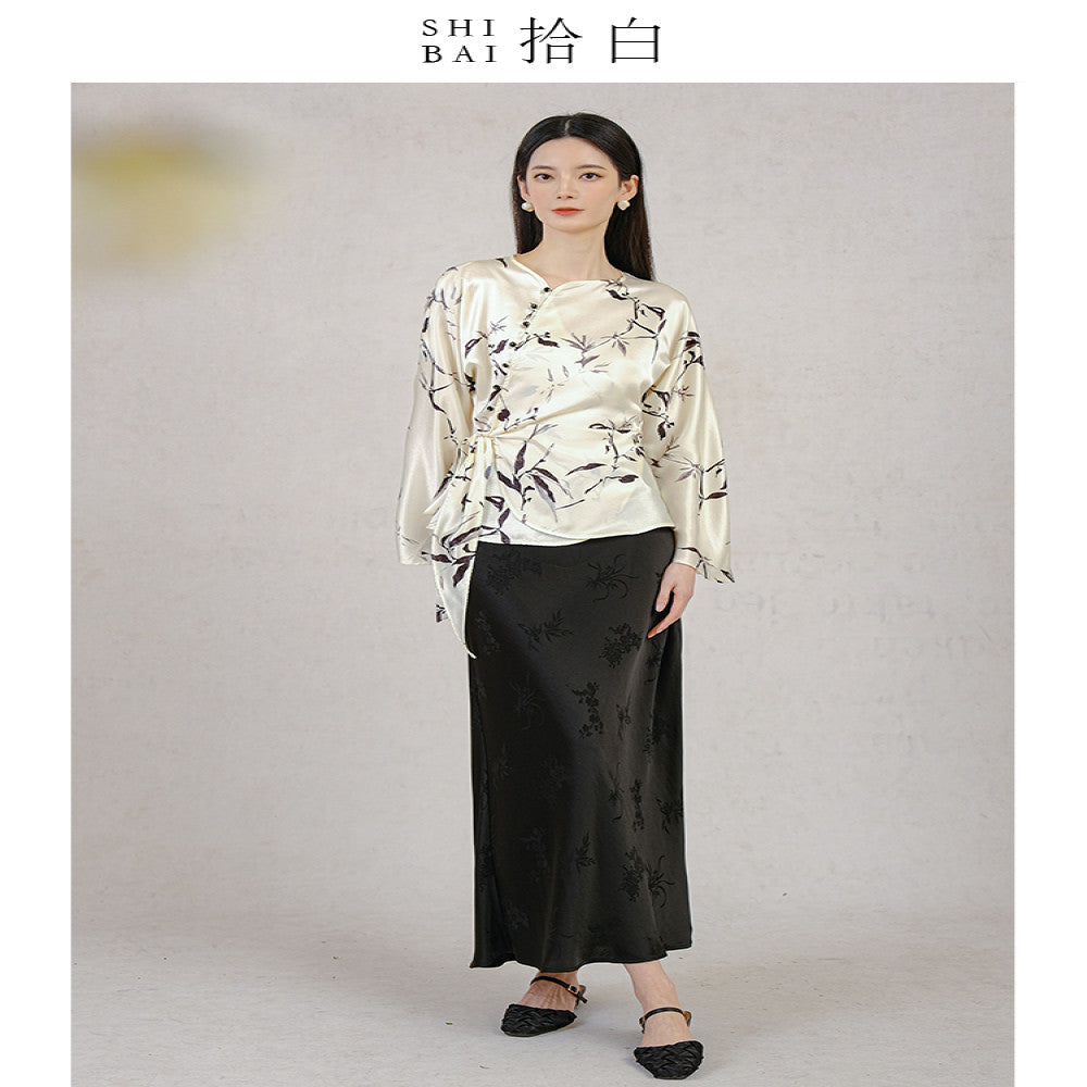 SHIBAI Shibai new Chinese style tops new spring and autumn original Chinese style acetate print bamboo leaves silky drape image 4