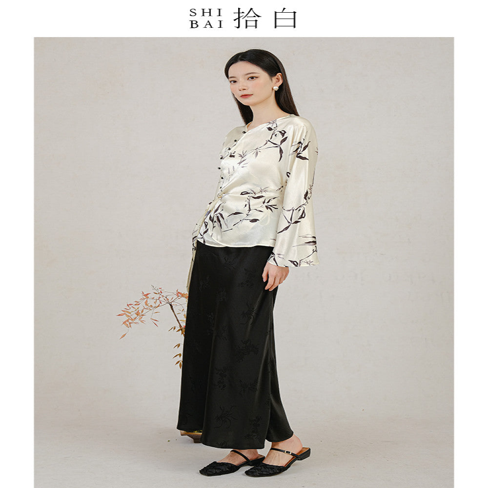 SHIBAI Shibai new Chinese style tops new spring and autumn original Chinese style acetate print bamboo leaves silky drape image 0