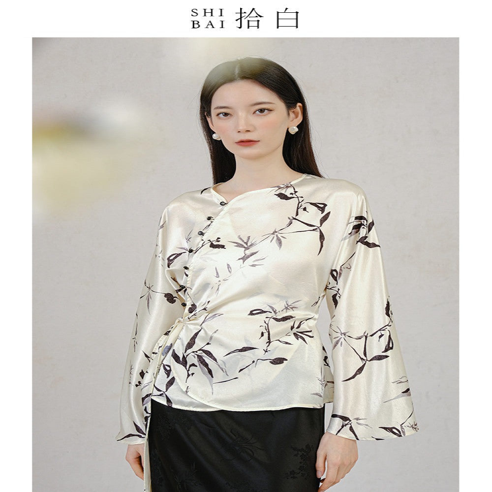 SHIBAI Shibai new Chinese style tops new spring and autumn original Chinese style acetate print bamboo leaves silky drape image 10