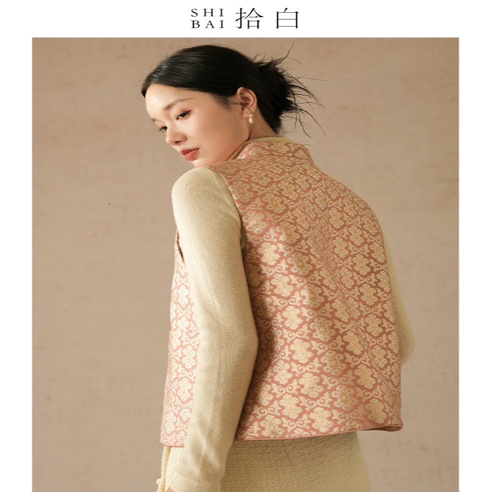 SHIBAI White New Chinese style Vest Spring and Autumn Improvement Tang style Chinese style Women s Clothing Pink Plate Buckle Weaving Gold Jacquard Top image 1