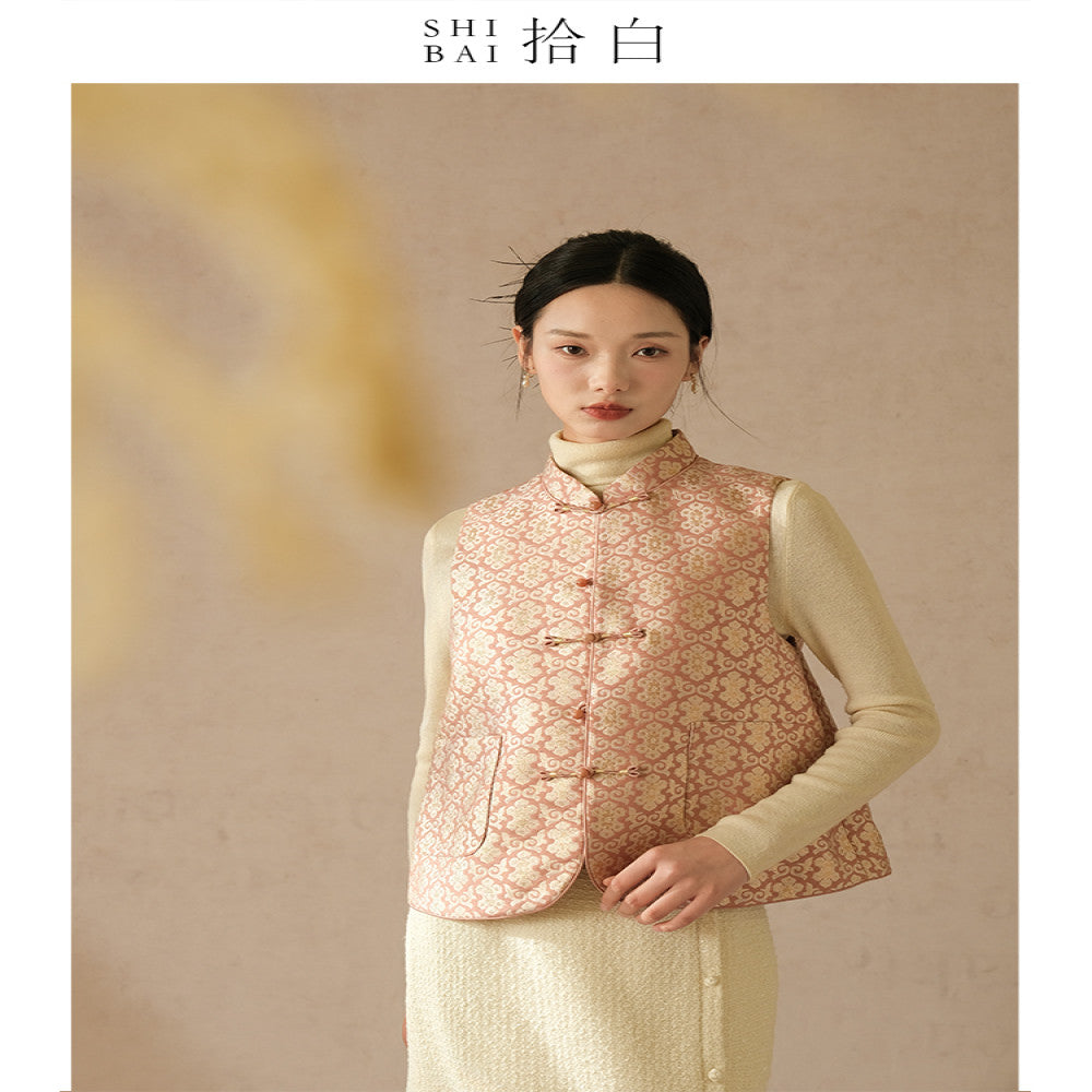 SHIBAI White New Chinese style Vest Spring and Autumn Improvement Tang style Chinese style Women s Clothing Pink Plate Buckle Weaving Gold Jacquard Top image 4