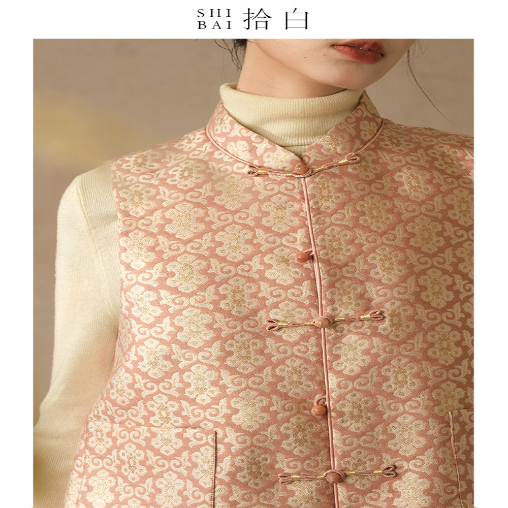 SHIBAI White New Chinese style Vest Spring and Autumn Improvement Tang style Chinese style Women s Clothing Pink Plate Buckle Weaving Gold Jacquard Top image 5
