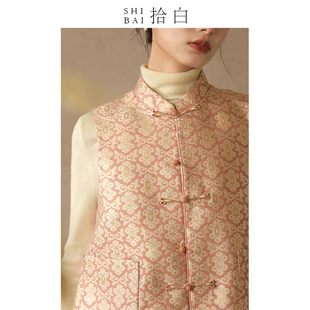 SHIBAI White New Chinese style Vest Spring and Autumn Improvement Tang style Chinese style Women s Clothing Pink Plate Buckle Weaving Gold Jacquard Top image 6