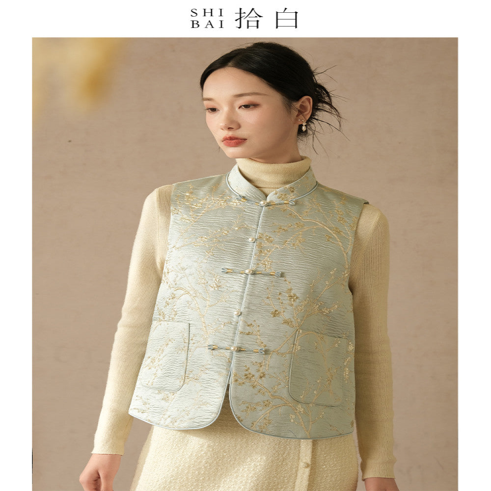 SHIBAI White New Chinese style Vest Spring and Autumn Improvement Tang style Chinese style Women s Clothing Pink Plate Buckle Weaving Gold Jacquard Top image 25