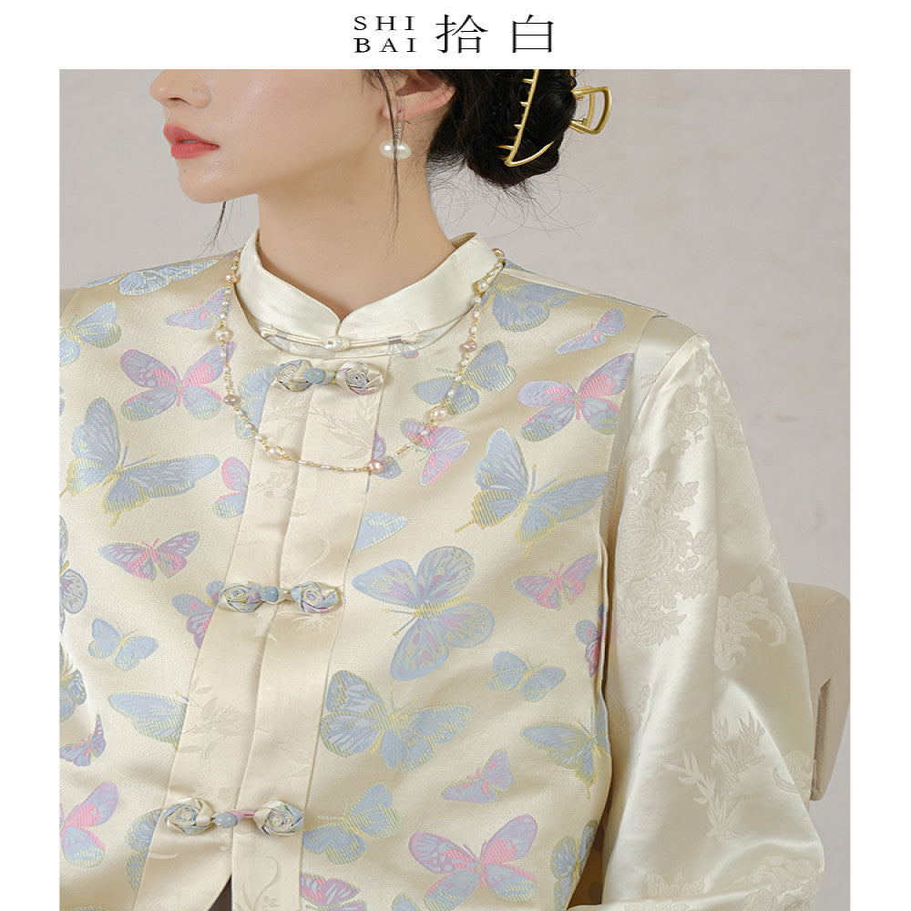SHIBAI White New Chinese Vest Original High end Chinese Style Women s Wear Butterfly New Improved Plate Buckle Jacquard Top image 5