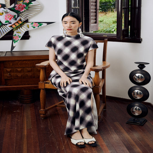 ASAYA3257 New Chinese style Tencel plaid printed split short-sleeved cheongsam suit