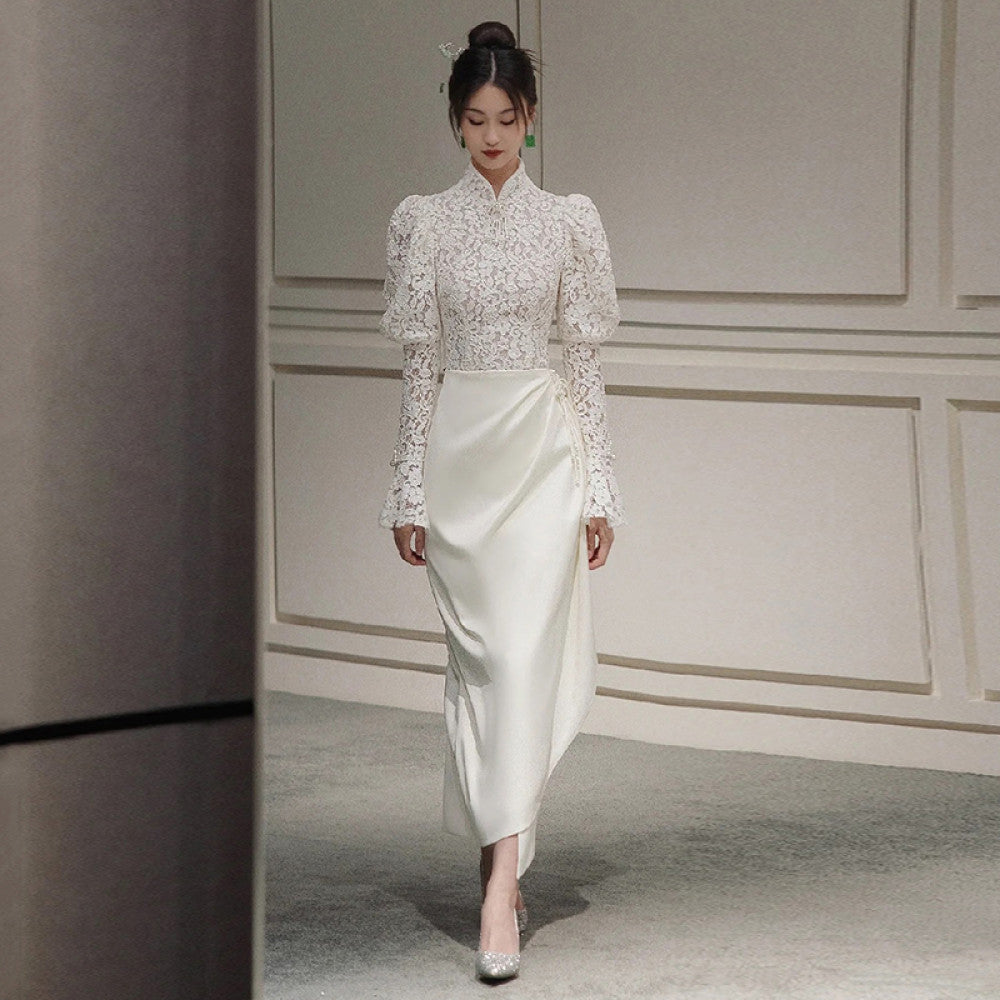 French Lace Light Wedding Dress 2025 Spring Edition Satin Small Long Sleeve Outward Yarn Retro Cheongsam Engagement Dress image 12