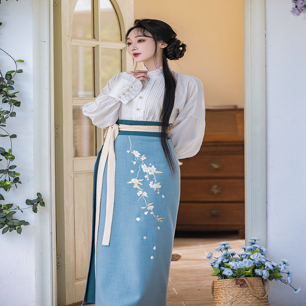 Dreaming of Pear Blossoms and Chinese Style Original Commuting Daily Hanfu Spinning Skirt New Chinese Embroidery Vest Stand up Collar Shirt Spring and Autumn image 4