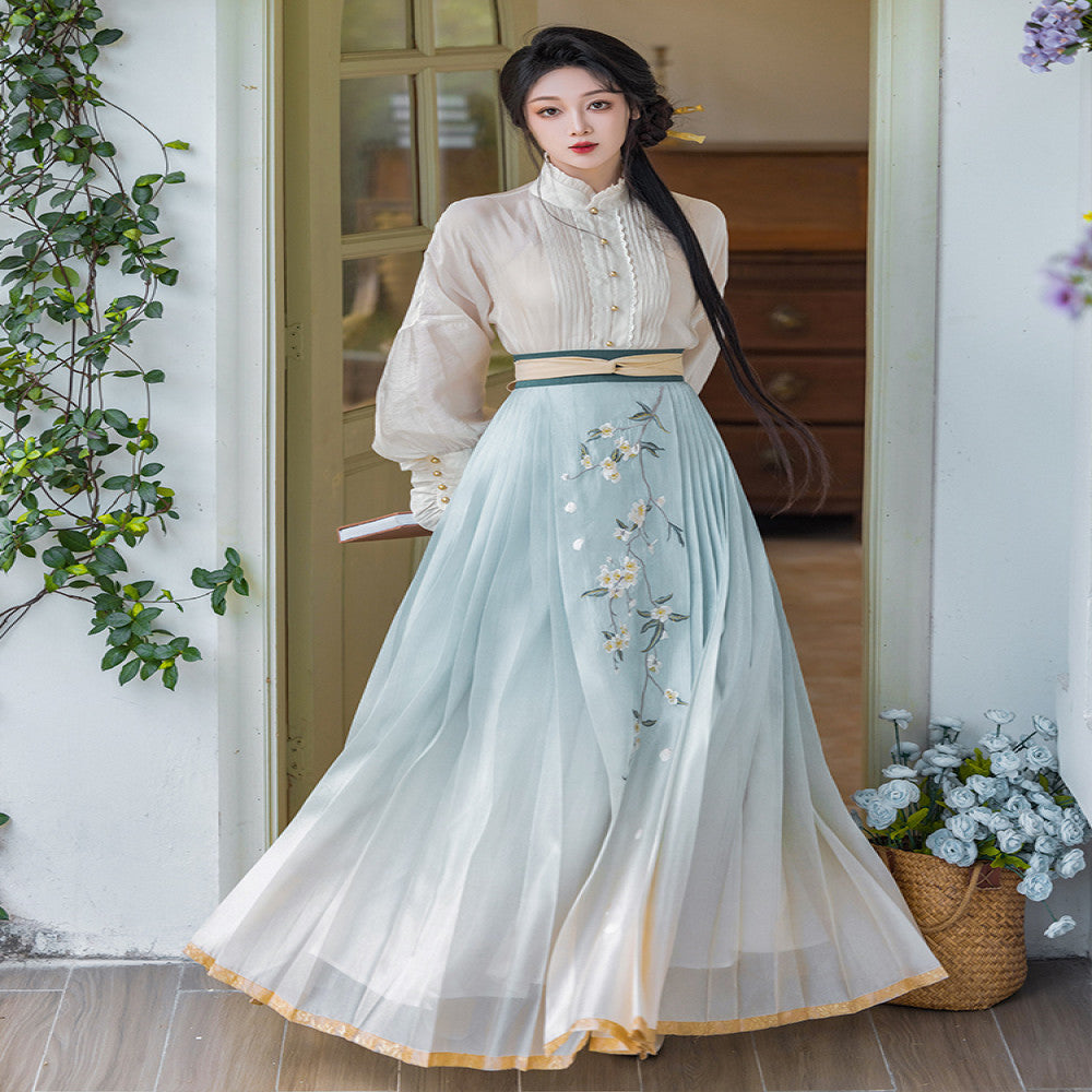 Dreaming of Pear Blossoms Chinese Style Original Gradient Embroidered Horse Face Skirt New Chinese Style Standing Collar Shirt Daily Hanfu Spring and Autumn Women image 4