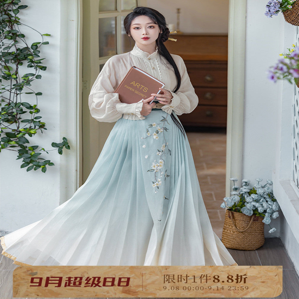 Dreaming of Pear Blossoms Chinese Style Original Gradient Embroidered Horse Face Skirt New Chinese Style Standing Collar Shirt Daily Hanfu Spring and Autumn Women image 0