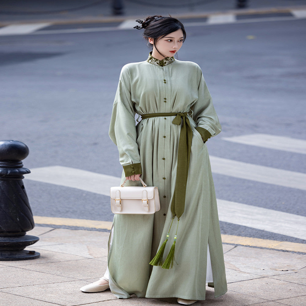 Dreaming Together Trending Together Creating Chinese Style Original Improvement Stand up Collar Hanfu Dress Long Shirt Commuting Daily Work Wearing Spring and Autumn image 2