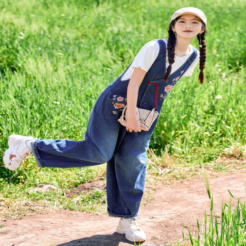Flower making original by Xingchuan Chinese style embroidered denim overalls women s loose design age reducing wide leg pants summer image 2