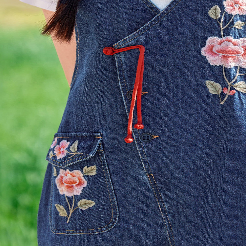 Flower making original by Xingchuan Chinese style embroidered denim overalls women s loose design age reducing wide leg pants summer image 3