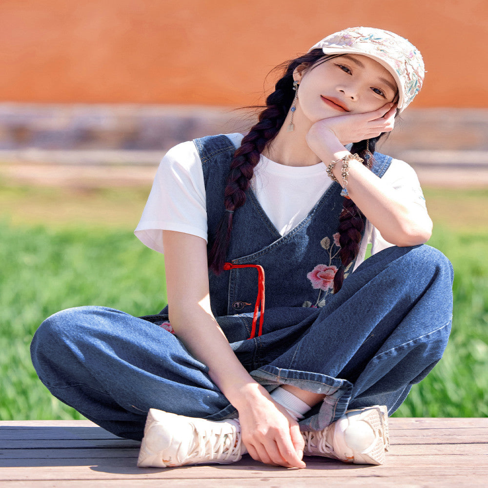 Flower making original by Xingchuan Chinese style embroidered denim overalls women s loose design age reducing wide leg pants summer image 4