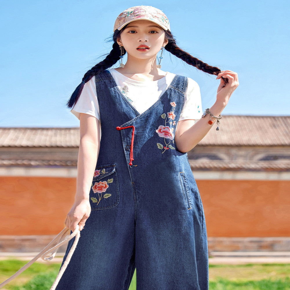 Flower making original by Xingchuan Chinese style embroidered denim overalls women s loose design age reducing wide leg pants summer image 0
