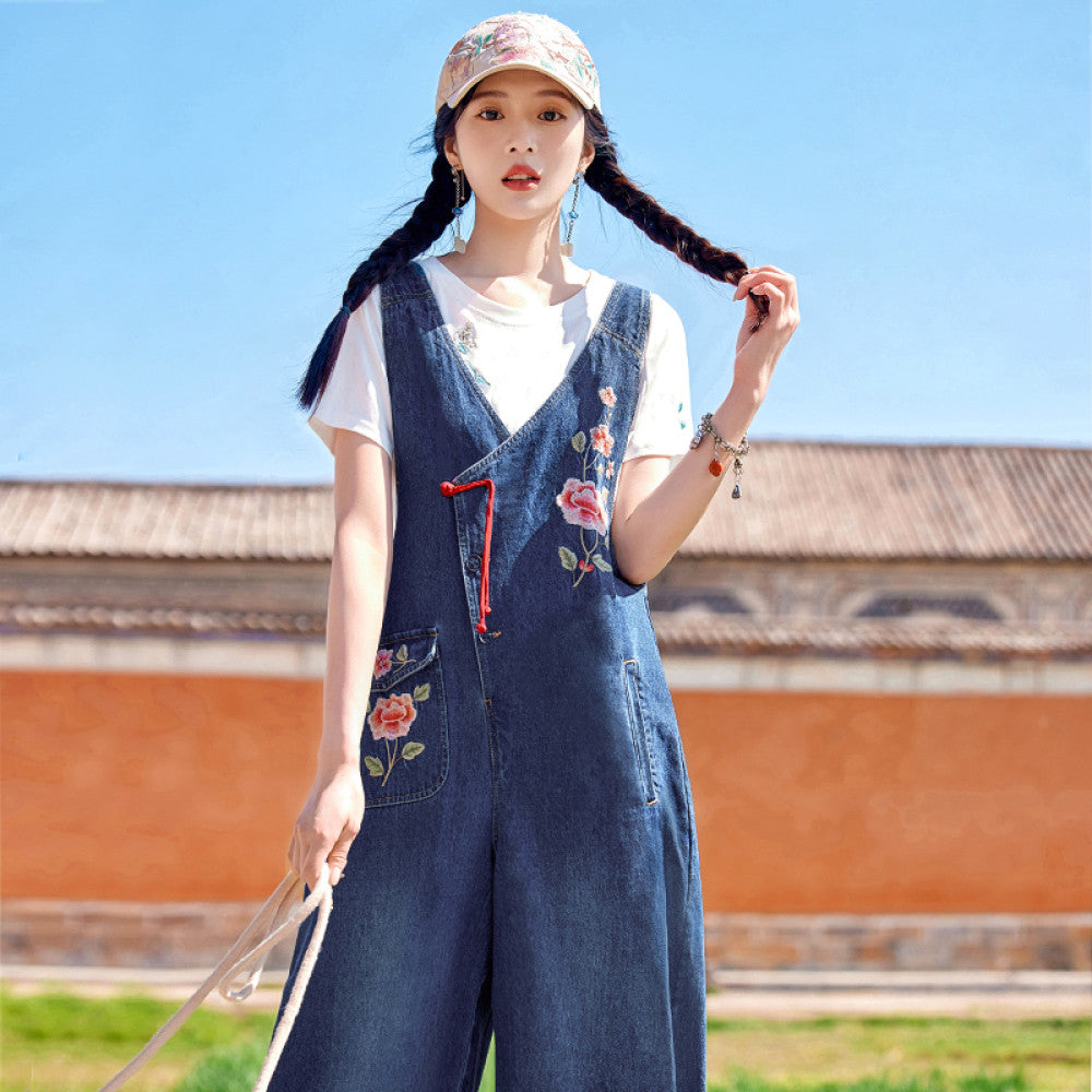 Flower making original by Xingchuan Chinese style embroidered denim overalls women s loose design age reducing wide leg pants summer image 9