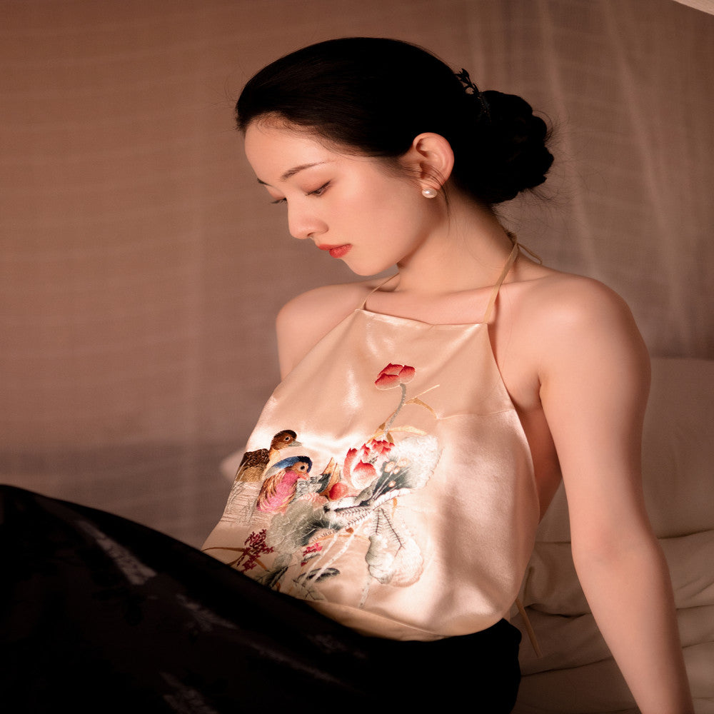 Yuanxiang Dream Shadow One City Wind Plush Spring and Summer Silk Heavy Industry Embroidery Mandarin Ducks and Lotus Vintage Inner Bag Strap image 2