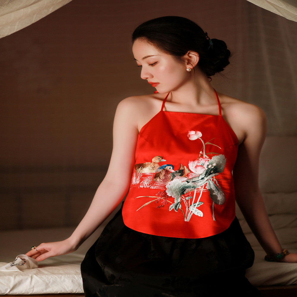 Yuanxiang Dream Shadow One City Wind Plush Spring and Summer Silk Heavy Industry Embroidery Mandarin Ducks and Lotus Vintage Inner Bag Strap image 0