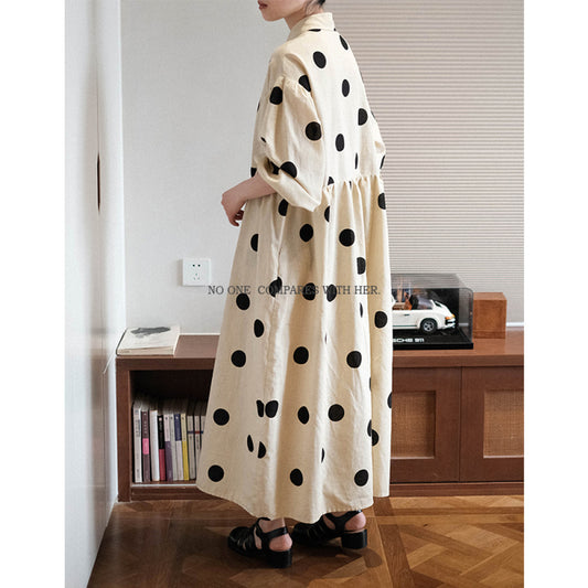 ASAYA3223 Niche design Japanese loose big polka dot cotton and linen dress
