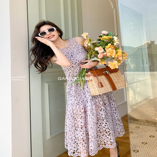 ASAYA3221 Embroidery Gentle Purple Hollow Similar Dress