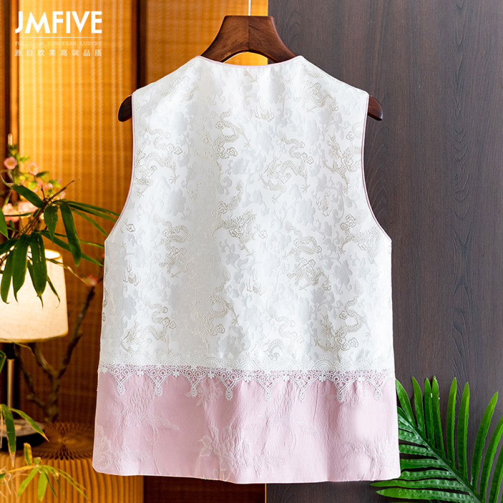New Chinese style age reducing vest for women in autumn 2024 round neck buckle tassel jacquard lace spliced vest image 2