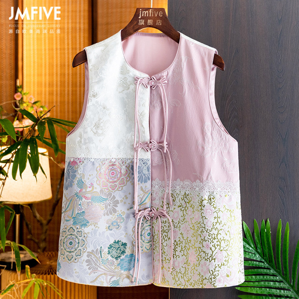 New Chinese style age reducing vest for women in autumn 2024 round neck buckle tassel jacquard lace spliced vest image 3