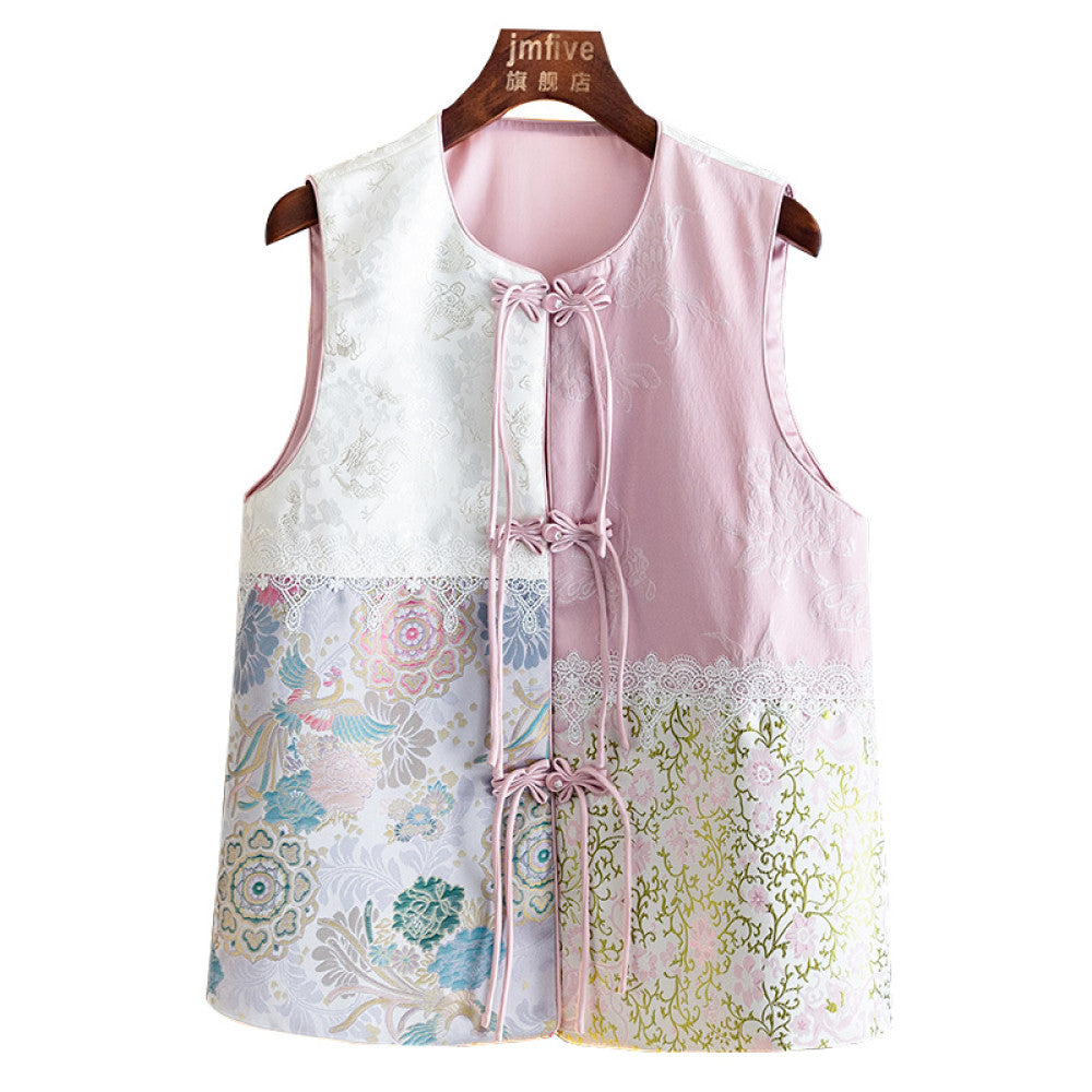 New Chinese style age reducing vest for women in autumn 2024 round neck buckle tassel jacquard lace spliced vest image 5