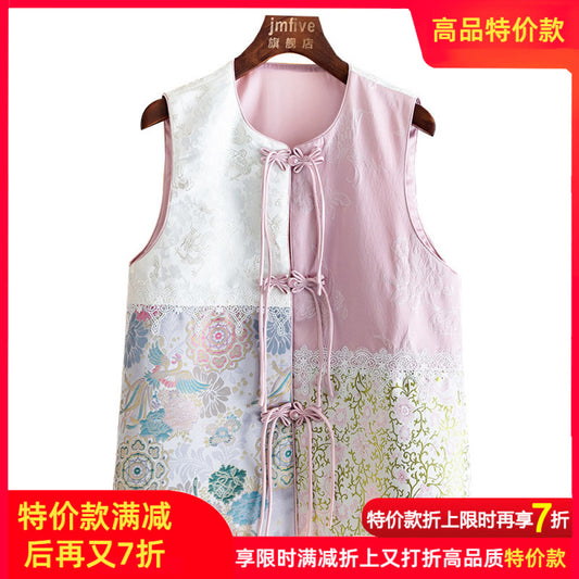 ASAYA3218 Spring new round neck plate buckle tassel jacquard lace splicing vest
