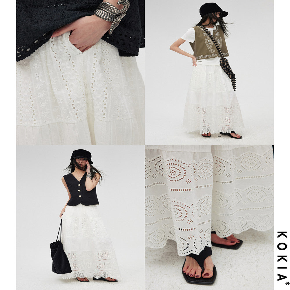 KOKIA Spot Celebrity Same Style Madeira Embroidered White Moonlight Lace Flower Splicing Elastic Waist Cake Half Skirt image 2