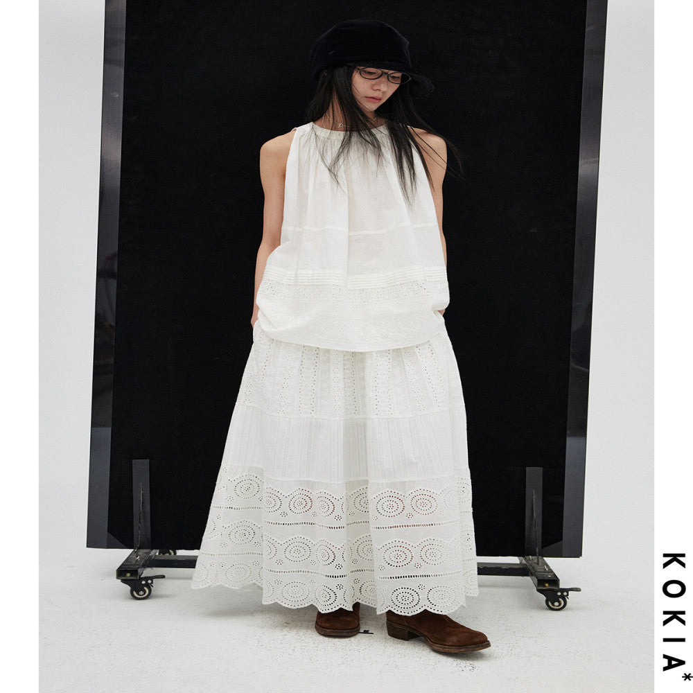 KOKIA Spot Celebrity Same Style Madeira Embroidered White Moonlight Lace Flower Splicing Elastic Waist Cake Half Skirt image 3