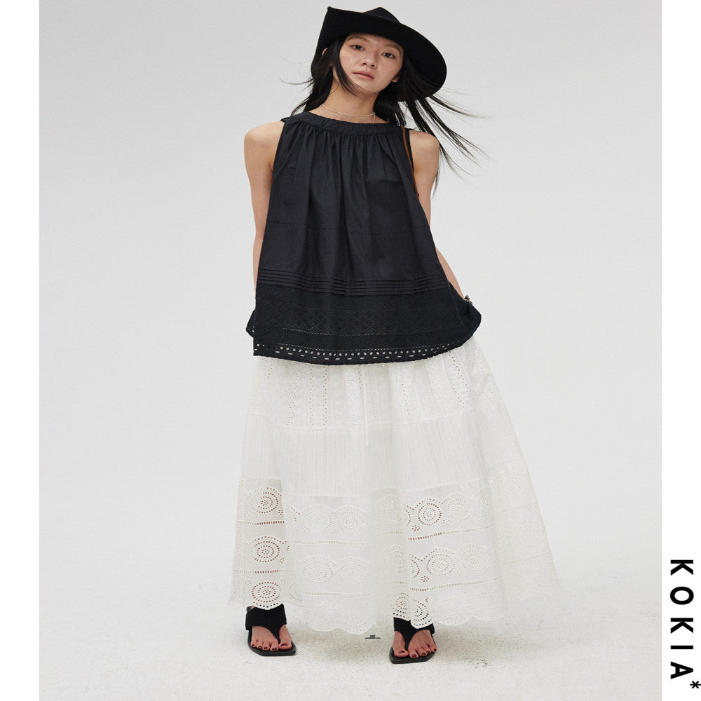 KOKIA Spot Celebrity Same Style Madeira Embroidered White Moonlight Lace Flower Splicing Elastic Waist Cake Half Skirt image 4