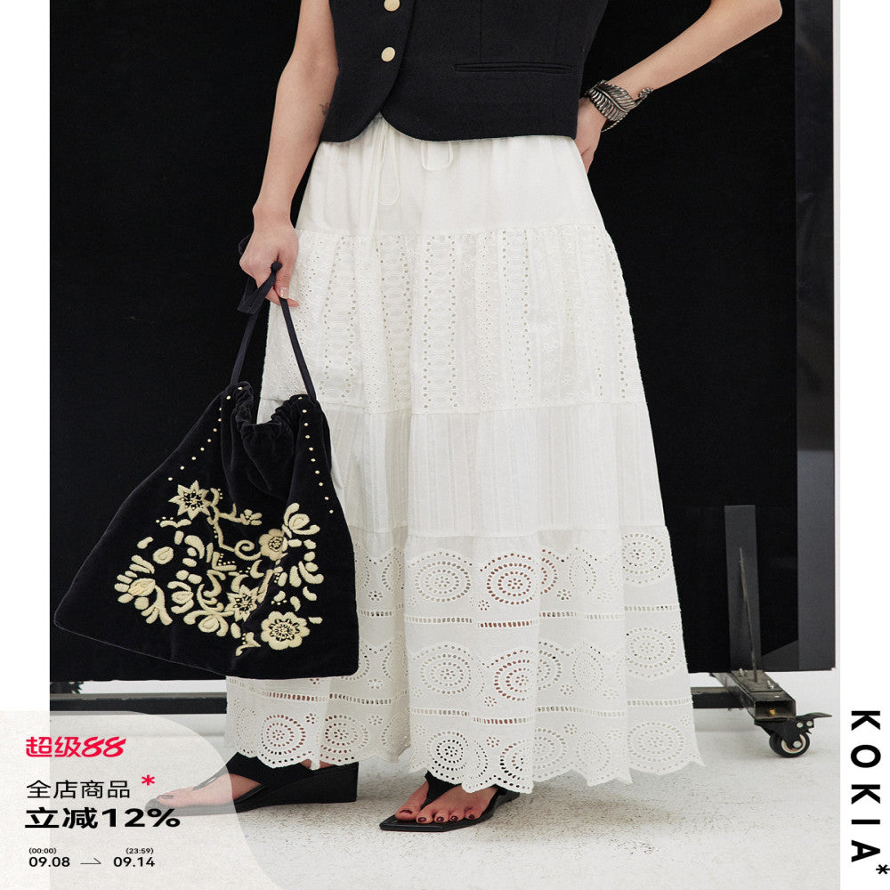 KOKIA Spot Celebrity Same Style Madeira Embroidered White Moonlight Lace Flower Splicing Elastic Waist Cake Half Skirt image 0