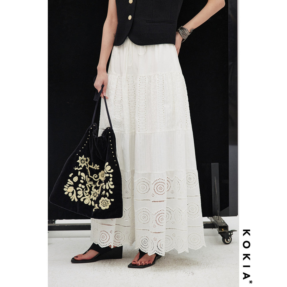 KOKIA Spot Celebrity Same Style Madeira Embroidered White Moonlight Lace Flower Splicing Elastic Waist Cake Half Skirt image 8