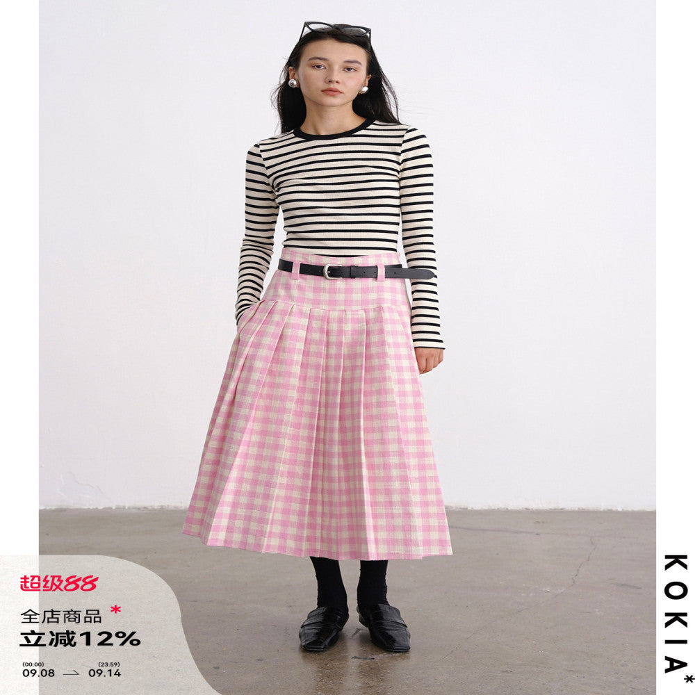KOKIA Spot Sweet and Weird Girl Spring Pink Plaid Half length Skirt with Cropping and Folding Skirt Large Swing A line Umbrella Skirt image 1