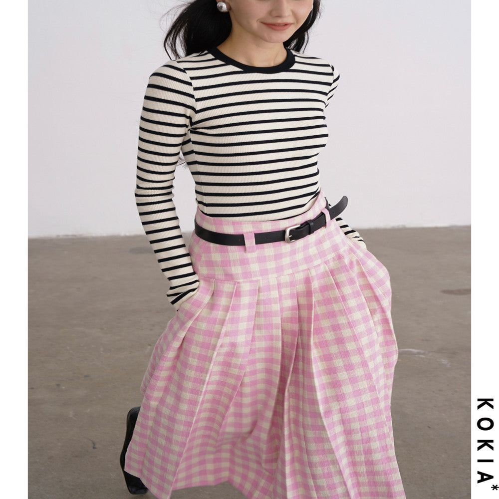 KOKIA Spot Sweet and Weird Girl Spring Pink Plaid Half length Skirt with Cropping and Folding Skirt Large Swing A line Umbrella Skirt image 2