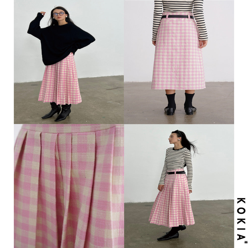 KOKIA Spot Sweet and Weird Girl Spring Pink Plaid Half length Skirt with Cropping and Folding Skirt Large Swing A line Umbrella Skirt image 3