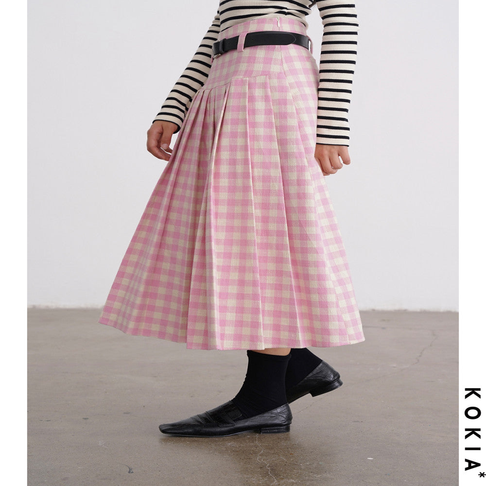KOKIA Spot Sweet and Weird Girl Spring Pink Plaid Half length Skirt with Cropping and Folding Skirt Large Swing A line Umbrella Skirt image 4