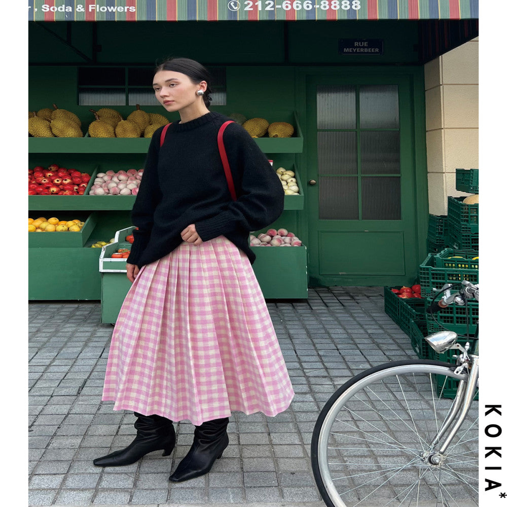 KOKIA Spot Sweet and Weird Girl Spring Pink Plaid Half length Skirt with Cropping and Folding Skirt Large Swing A line Umbrella Skirt image 5