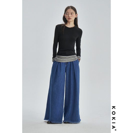 ASAYA3198 High waist pleated raw edge umbrella hem wide leg jeans