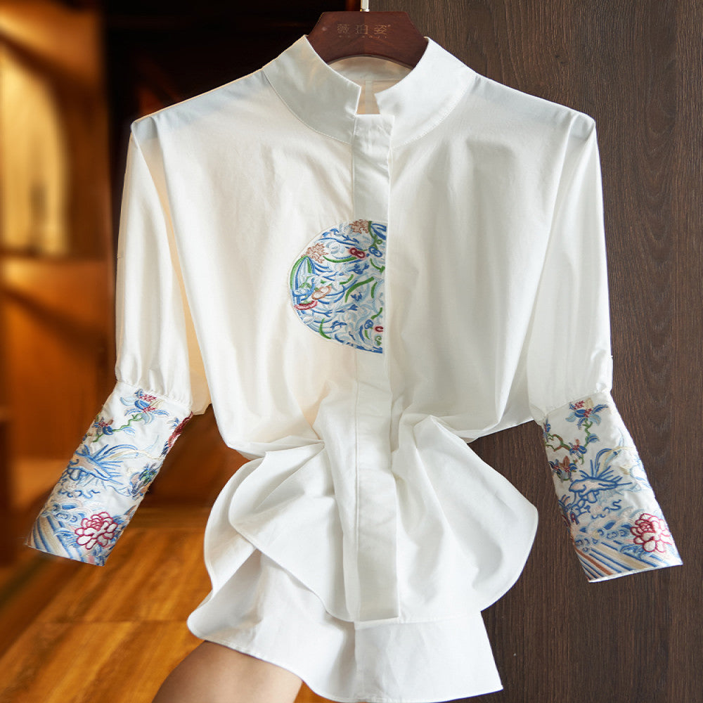 White cotton shirt women s loose autumn dress new design sense small crowd vintage embroidery senior sense China Chic top image 2