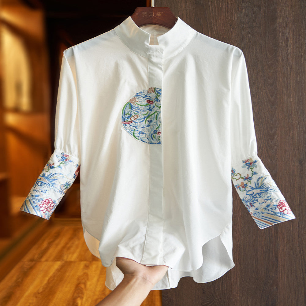 White cotton shirt women s loose autumn dress new design sense small crowd vintage embroidery senior sense China Chic top image 0