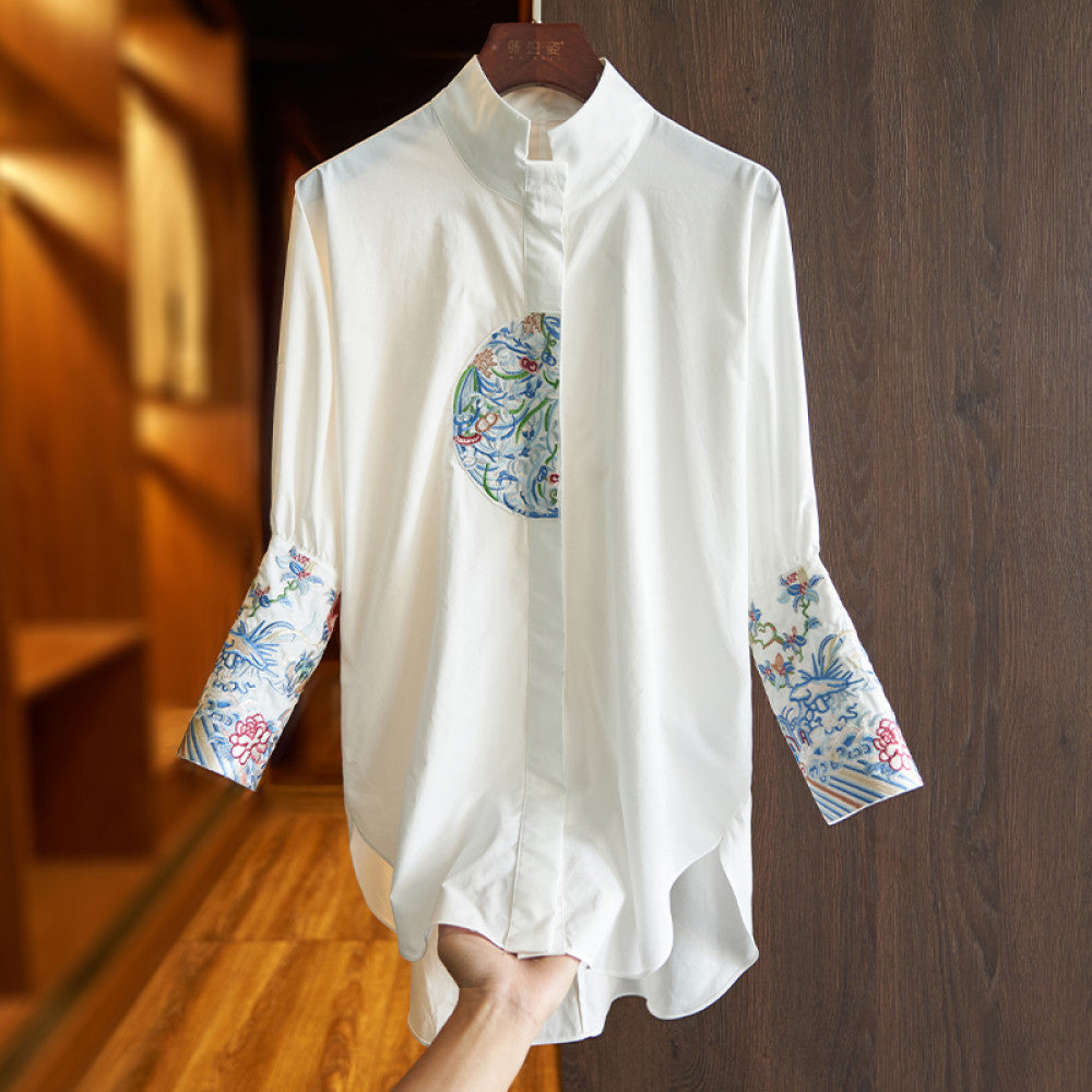 White cotton shirt women s loose autumn dress new design sense small crowd vintage embroidery senior sense China Chic top image 11
