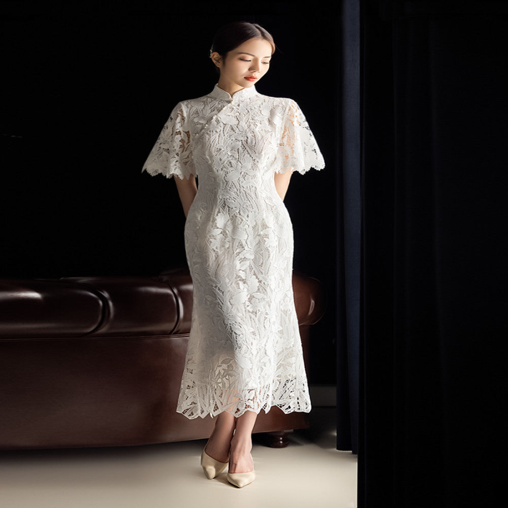 Dear Peony Iris White Cheongsam High End Bridal Engagement Toast Dress Lace Dress image 1